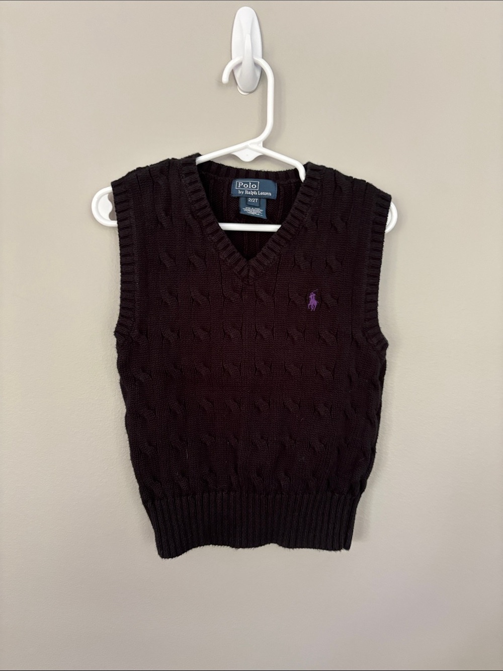 Polo by Ralph Lauren Black Cable-Knit V-Neck Sweater Vest with Purple Pony